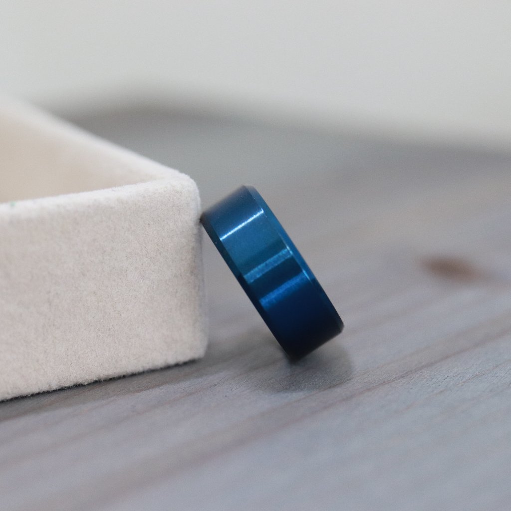 Mens Ring 8mm Beveled Style Square Edge Ring Blue Stainless Steel Wedding Band